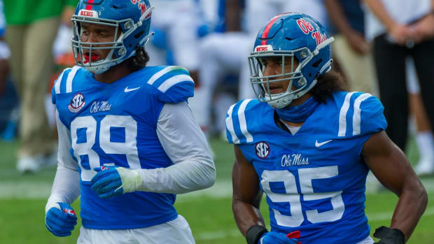 Sep 26, 2020; Oxford, Mississippi, USA; Mississippi Rebels defensive end Ryder Anderson (89) and Mississippi Rebels linebacker Tavius Robinson (95) during the game against the Florida Gators at Vaught-Hemingway Stadium.
